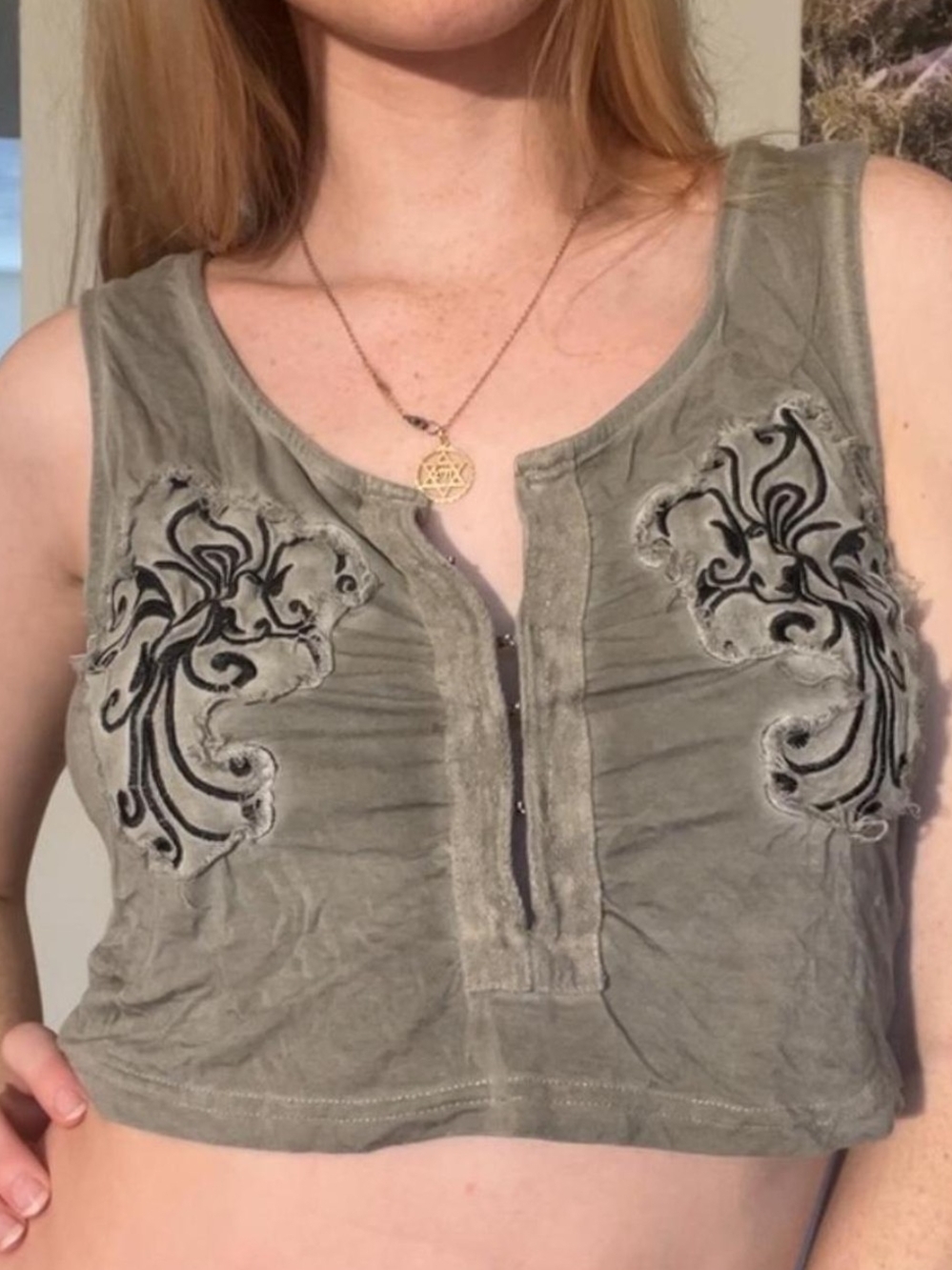 POL Olive Crop Top with Black Embroidered Accents